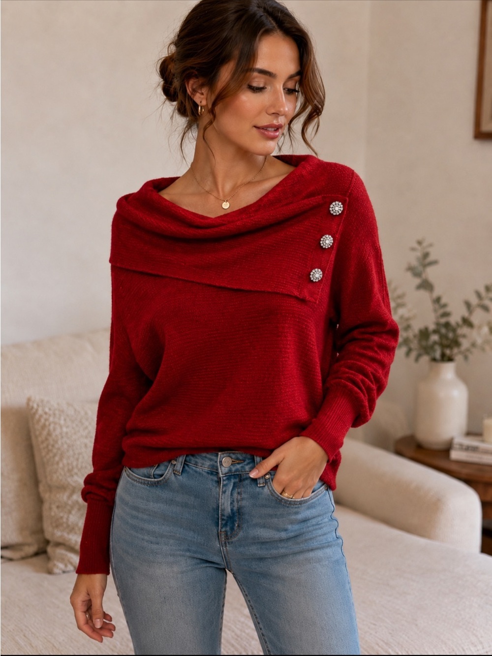 NWT XS Red Crystal Button-Detail Women's Sweater. Super cozy & soft!